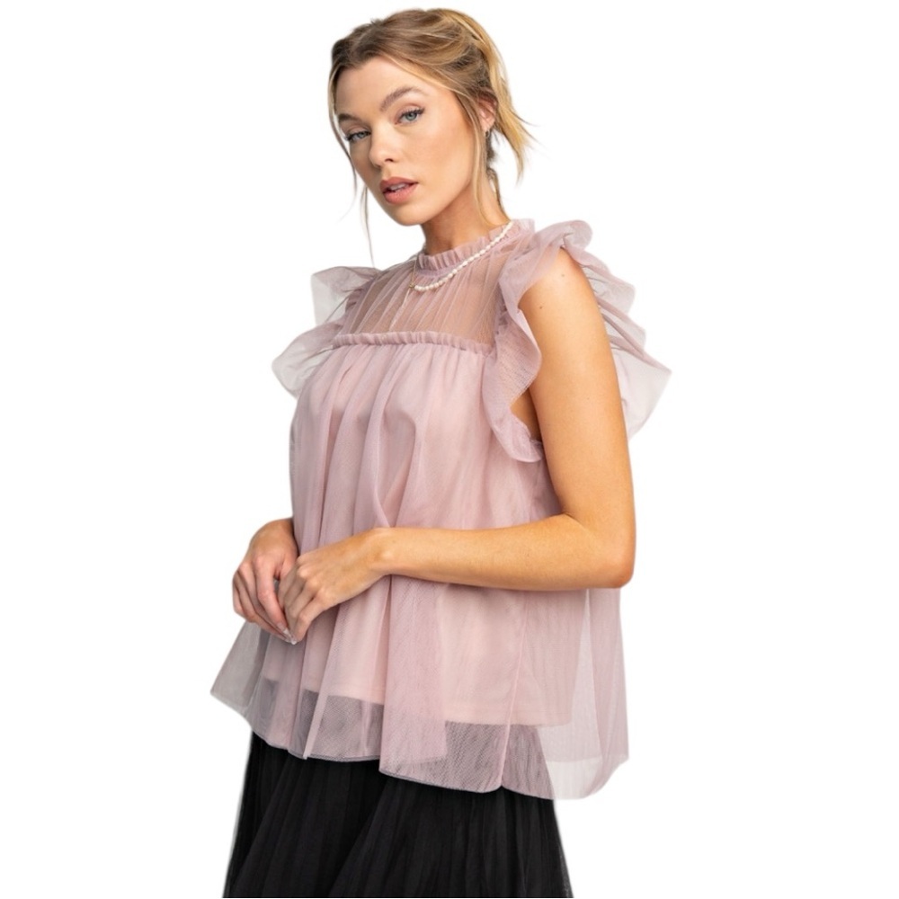 CAP SLEEVE TULLE RUFFLE TOP - Picture 2 of 4